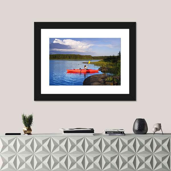 Woman Canoeing In A Beautiful Lake At Sunset Canvas Wall Art-1 Piece-Framed Print-20" x 16"-Tiaracle