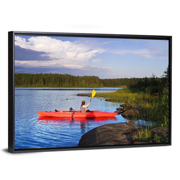 Woman Canoeing In A Beautiful Lake At Sunset Canvas Wall Art-3 Horizontal-Gallery Wrap-25" x 16"-Tiaracle