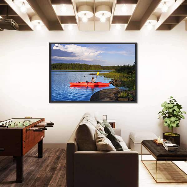 Woman Canoeing In A Beautiful Lake At Sunset Canvas Wall Art-3 Horizontal-Gallery Wrap-25" x 16"-Tiaracle