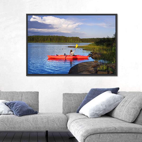 Woman Canoeing In A Beautiful Lake At Sunset Canvas Wall Art-3 Horizontal-Gallery Wrap-25" x 16"-Tiaracle