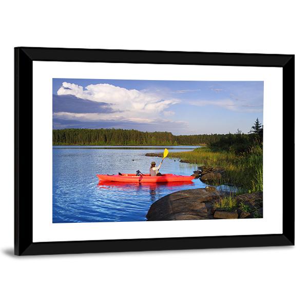 Woman Canoeing In A Beautiful Lake At Sunset Canvas Wall Art-3 Horizontal-Gallery Wrap-25" x 16"-Tiaracle