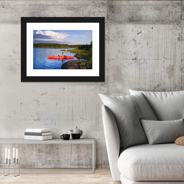 Woman Canoeing In A Beautiful Lake At Sunset Canvas Wall Art-3 Horizontal-Gallery Wrap-25" x 16"-Tiaracle