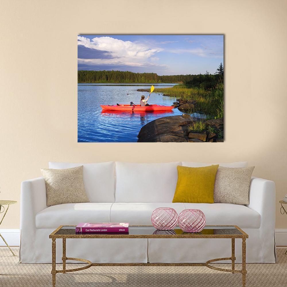 Woman Canoeing In A Beautiful Lake At Sunset Canvas Wall Art-1 Piece-Gallery Wrap-48" x 32"-Tiaracle