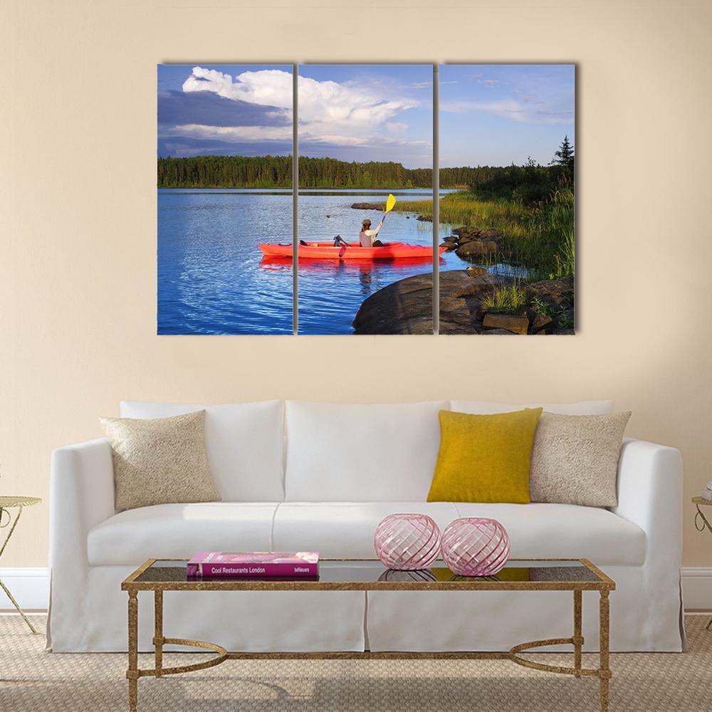 Woman Canoeing In A Beautiful Lake At Sunset Canvas Wall Art-3 Horizontal-Gallery Wrap-37" x 24"-Tiaracle