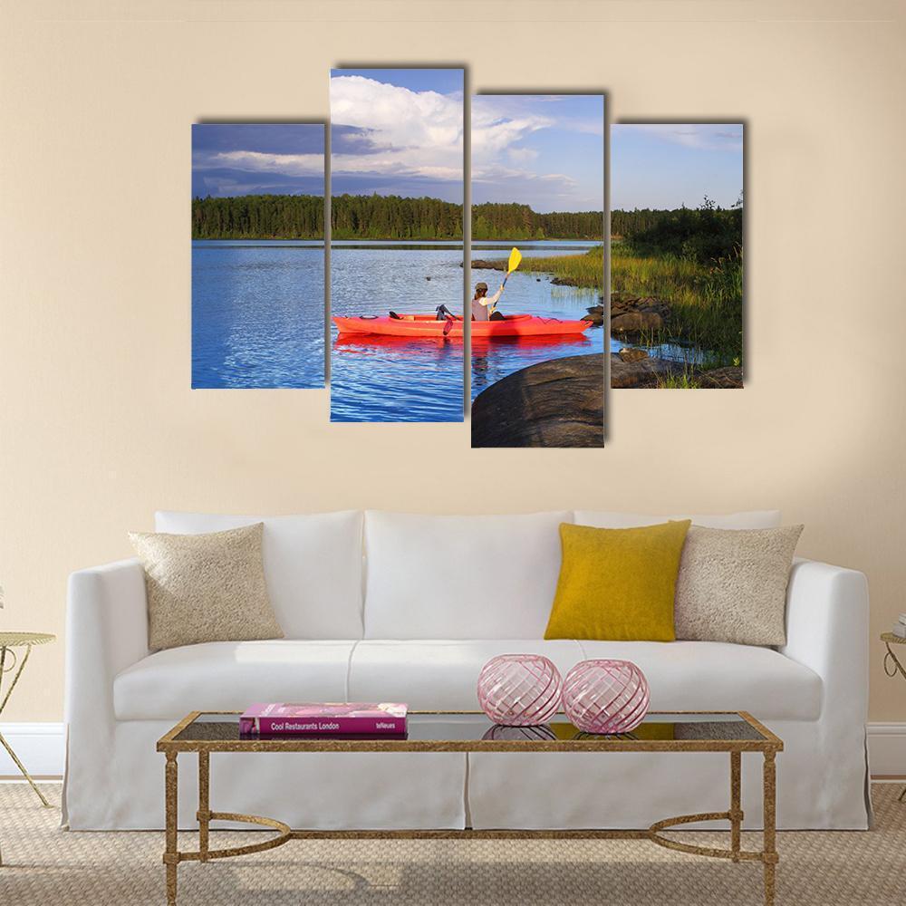 Woman Canoeing In A Beautiful Lake At Sunset Canvas Wall Art-4 Pop-Gallery Wrap-50" x 32"-Tiaracle