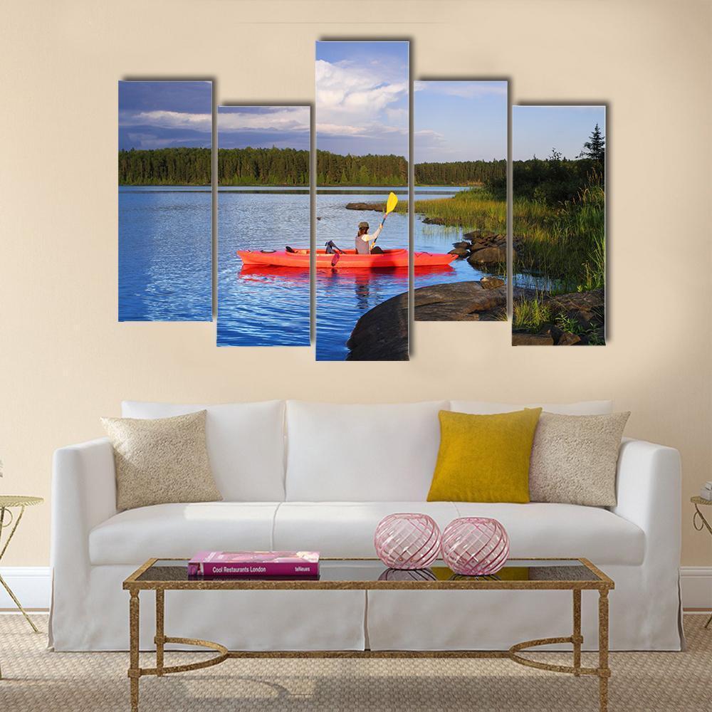 Woman Canoeing In A Beautiful Lake At Sunset Canvas Wall Art-5 Pop-Gallery Wrap-47" x 32"-Tiaracle