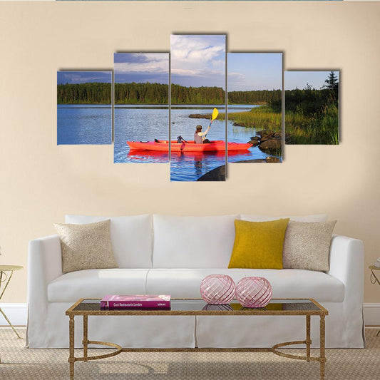 Woman Canoeing In A Beautiful Lake At Sunset Canvas Wall Art-5 Star-Gallery Wrap-62" x 32"-Tiaracle