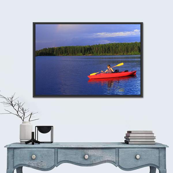 Woman Canoeing In A Beautiful Lake Canvas Wall Art-1 Piece-Floating Frame-24" x 16"-Tiaracle