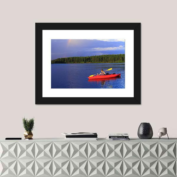 Woman Canoeing In A Beautiful Lake Canvas Wall Art-1 Piece-Framed Print-20" x 16"-Tiaracle