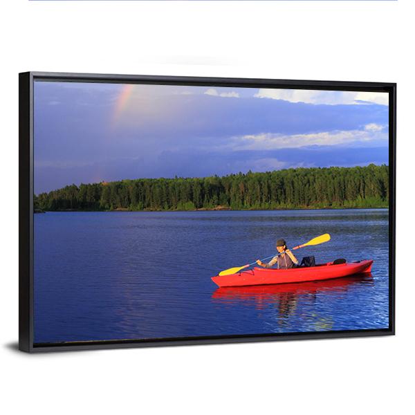 Woman Canoeing In A Beautiful Lake Canvas Wall Art-3 Horizontal-Gallery Wrap-25" x 16"-Tiaracle