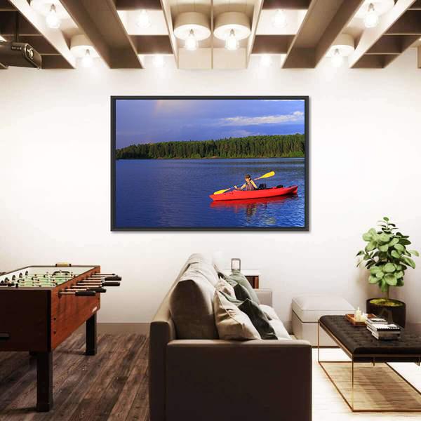 Woman Canoeing In A Beautiful Lake Canvas Wall Art-3 Horizontal-Gallery Wrap-25" x 16"-Tiaracle