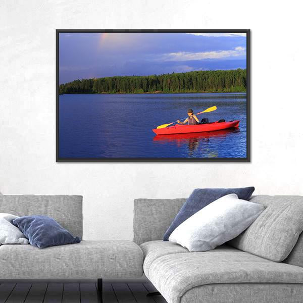 Woman Canoeing In A Beautiful Lake Canvas Wall Art-3 Horizontal-Gallery Wrap-25" x 16"-Tiaracle