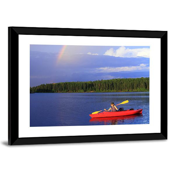 Woman Canoeing In A Beautiful Lake Canvas Wall Art-3 Horizontal-Gallery Wrap-25" x 16"-Tiaracle