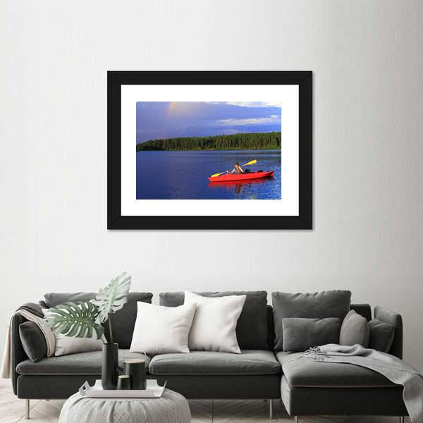 Woman Canoeing In A Beautiful Lake Canvas Wall Art-3 Horizontal-Gallery Wrap-25" x 16"-Tiaracle