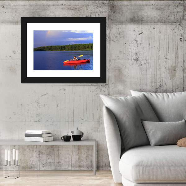 Woman Canoeing In A Beautiful Lake Canvas Wall Art-3 Horizontal-Gallery Wrap-25" x 16"-Tiaracle