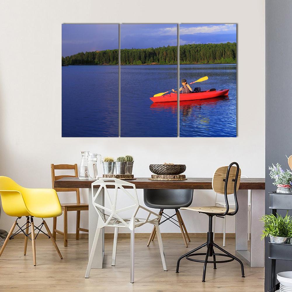 Woman Canoeing In A Beautiful Lake Canvas Wall Art-3 Horizontal-Gallery Wrap-37" x 24"-Tiaracle