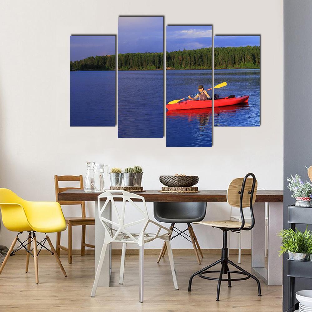 Woman Canoeing In A Beautiful Lake Canvas Wall Art-4 Pop-Gallery Wrap-50" x 32"-Tiaracle