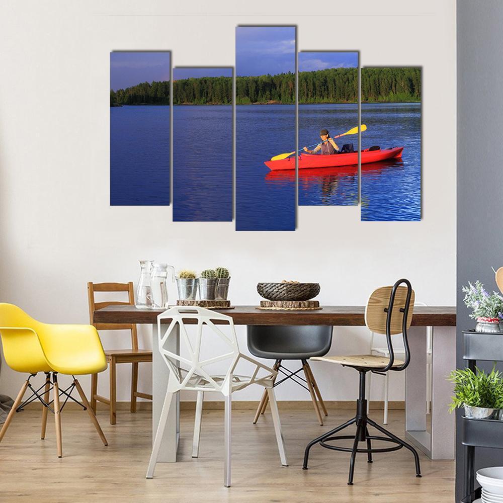 Woman Canoeing In A Beautiful Lake Canvas Wall Art-5 Pop-Gallery Wrap-47" x 32"-Tiaracle