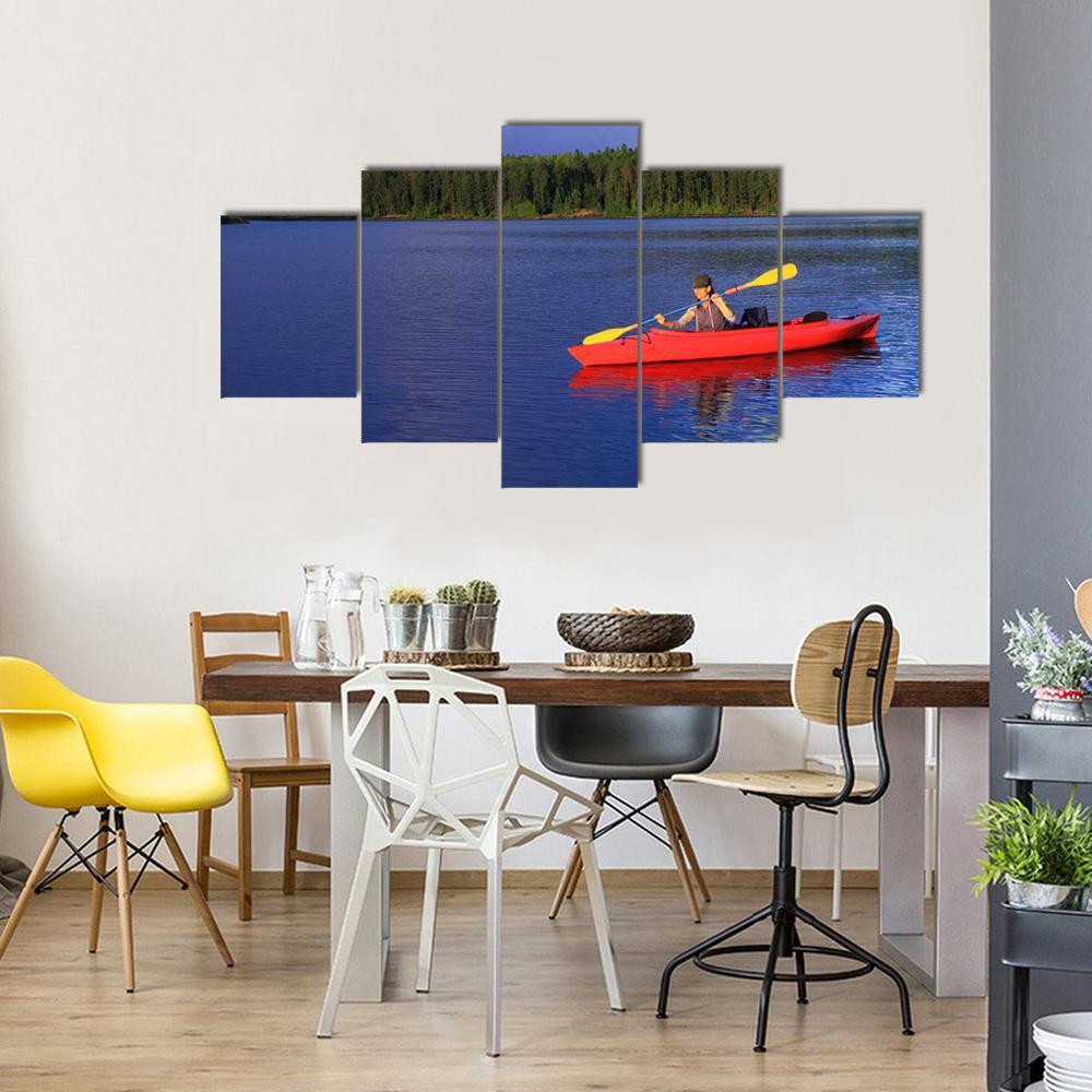 Woman Canoeing In A Beautiful Lake Canvas Wall Art-5 Star-Gallery Wrap-62" x 32"-Tiaracle