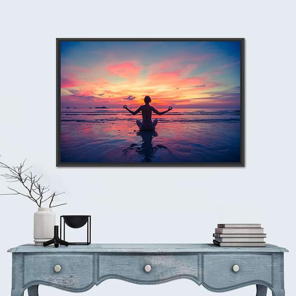 Woman Doing Meditation Near The Ocean Beach Yoga Silhouette Canvas Wall Art-1 Piece-Floating Frame-24" x 16"-Tiaracle