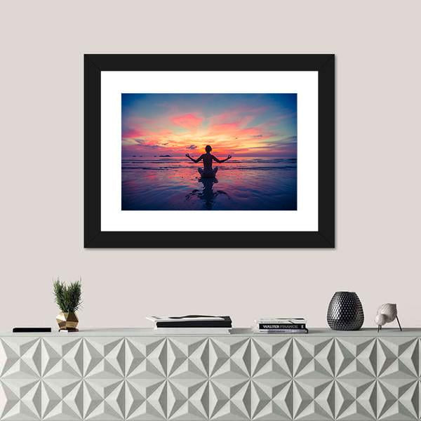 Woman Doing Meditation Near The Ocean Beach Yoga Silhouette Canvas Wall Art-1 Piece-Framed Print-20" x 16"-Tiaracle