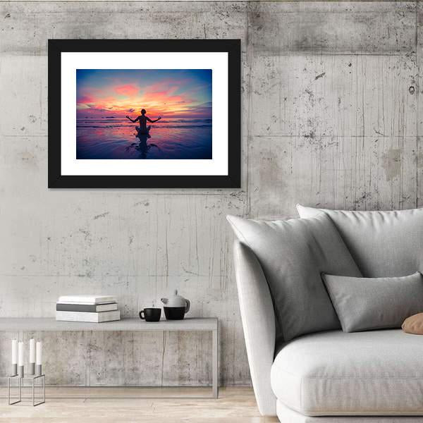 Woman Doing Meditation Near The Ocean Beach Yoga Silhouette Canvas Wall Art-3 Horizontal-Gallery Wrap-25" x 16"-Tiaracle