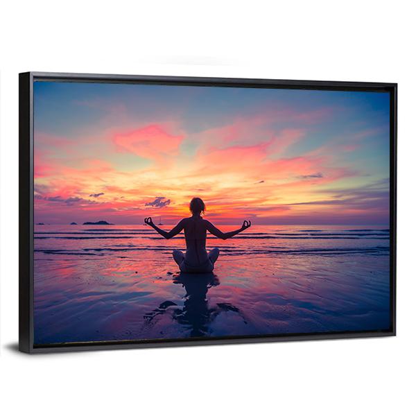 Woman Doing Meditation Near The Ocean Beach Yoga Silhouette Canvas Wall Art-3 Horizontal-Gallery Wrap-25" x 16"-Tiaracle