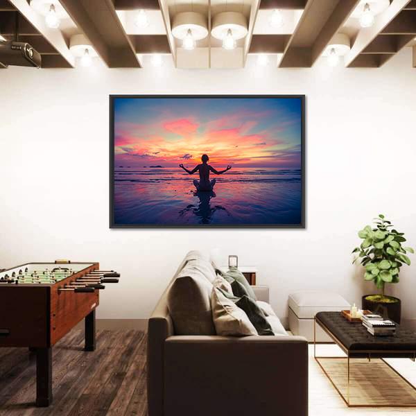 Woman Doing Meditation Near The Ocean Beach Yoga Silhouette Canvas Wall Art-3 Horizontal-Gallery Wrap-25" x 16"-Tiaracle