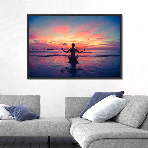 Woman Doing Meditation Near The Ocean Beach Yoga Silhouette Canvas Wall Art-3 Horizontal-Gallery Wrap-25" x 16"-Tiaracle