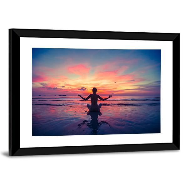 Woman Doing Meditation Near The Ocean Beach Yoga Silhouette Canvas Wall Art-3 Horizontal-Gallery Wrap-25" x 16"-Tiaracle