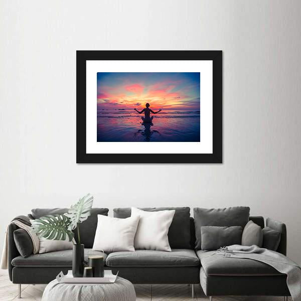 Woman Doing Meditation Near The Ocean Beach Yoga Silhouette Canvas Wall Art-3 Horizontal-Gallery Wrap-25" x 16"-Tiaracle