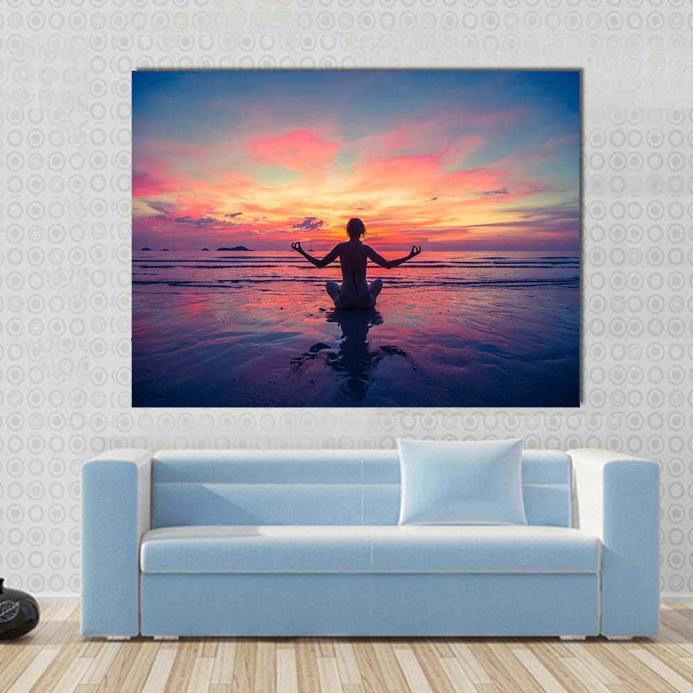 Woman Doing Meditation Near The Ocean Beach Yoga Silhouette Canvas Wall Art-1 Piece-Gallery Wrap-48" x 32"-Tiaracle