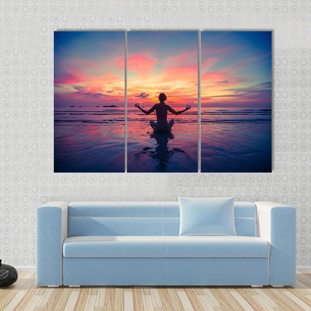 Woman Doing Meditation Near The Ocean Beach Yoga Silhouette Canvas Wall Art-3 Horizontal-Gallery Wrap-37" x 24"-Tiaracle