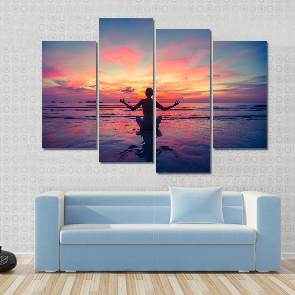 Woman Doing Meditation Near The Ocean Beach Yoga Silhouette Canvas Wall Art-4 Pop-Gallery Wrap-50" x 32"-Tiaracle