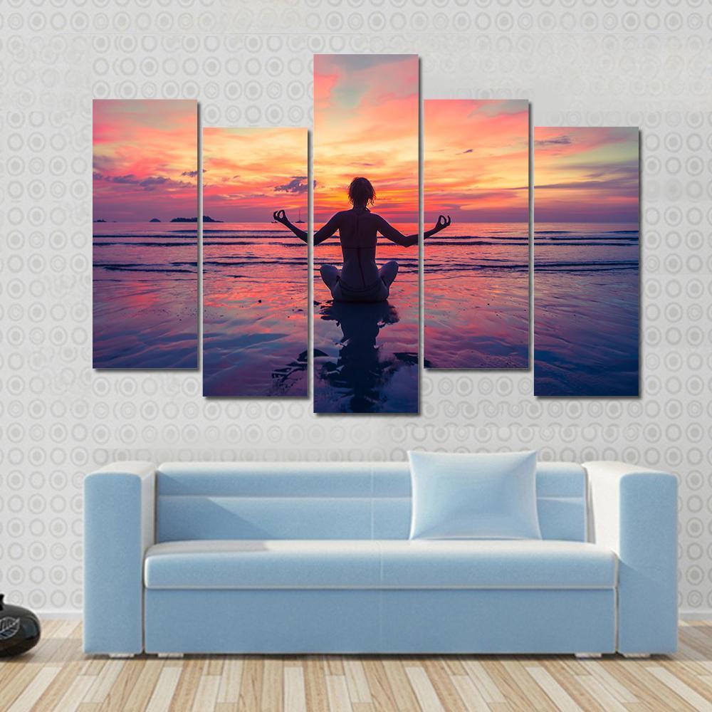 Woman Doing Meditation Near The Ocean Beach Yoga Silhouette Canvas Wall Art-5 Pop-Gallery Wrap-47" x 32"-Tiaracle