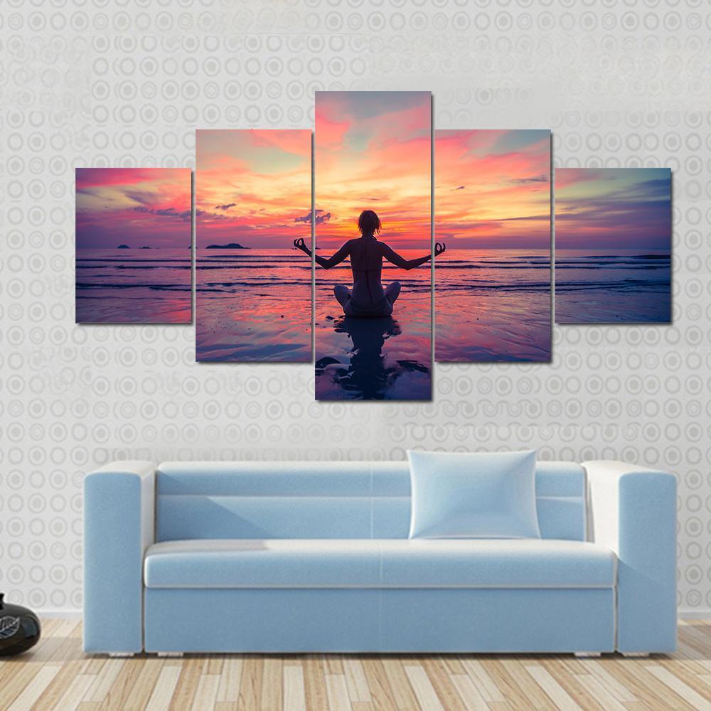 Woman Doing Meditation Near The Ocean Beach Yoga Silhouette Canvas Wall Art-5 Star-Gallery Wrap-62" x 32"-Tiaracle