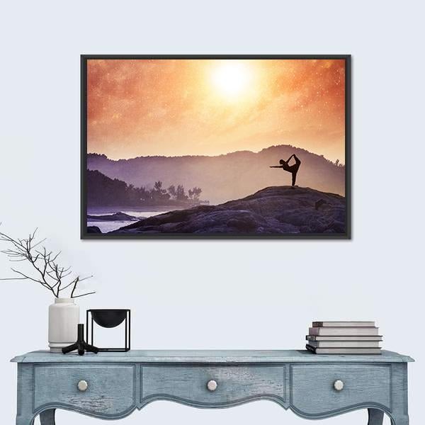 Woman Doing Yoga Natarajasana Dancer Pose On The Rocks At Sunset Canvas Wall Art-1 Piece-Floating Frame-24" x 16"-Tiaracle