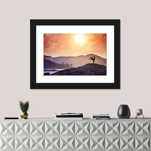 Woman Doing Yoga Natarajasana Dancer Pose On The Rocks At Sunset Canvas Wall Art-1 Piece-Framed Print-20" x 16"-Tiaracle