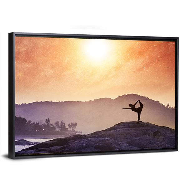 Woman Doing Yoga Natarajasana Dancer Pose On The Rocks At Sunset Canvas Wall Art-3 Horizontal-Gallery Wrap-25" x 16"-Tiaracle