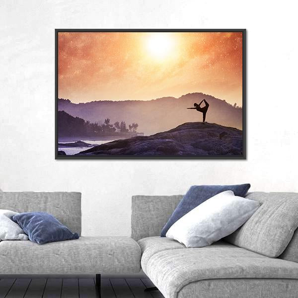 Woman Doing Yoga Natarajasana Dancer Pose On The Rocks At Sunset Canvas Wall Art-3 Horizontal-Gallery Wrap-25" x 16"-Tiaracle