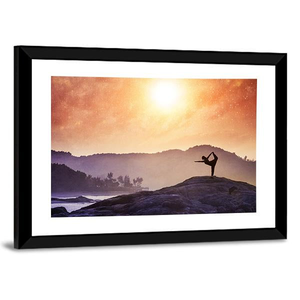 Woman Doing Yoga Natarajasana Dancer Pose On The Rocks At Sunset Canvas Wall Art-3 Horizontal-Gallery Wrap-25" x 16"-Tiaracle