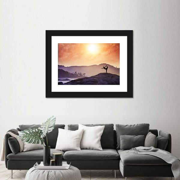 Woman Doing Yoga Natarajasana Dancer Pose On The Rocks At Sunset Canvas Wall Art-3 Horizontal-Gallery Wrap-25" x 16"-Tiaracle