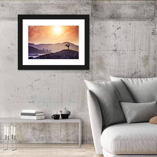 Woman Doing Yoga Natarajasana Dancer Pose On The Rocks At Sunset Canvas Wall Art-3 Horizontal-Gallery Wrap-25" x 16"-Tiaracle