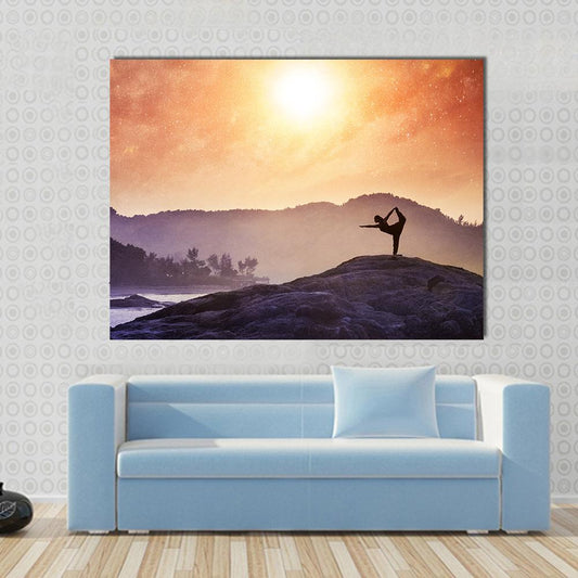 Woman Doing Yoga Natarajasana Dancer Pose On The Rocks At Sunset Canvas Wall Art-1 Piece-Gallery Wrap-48" x 32"-Tiaracle