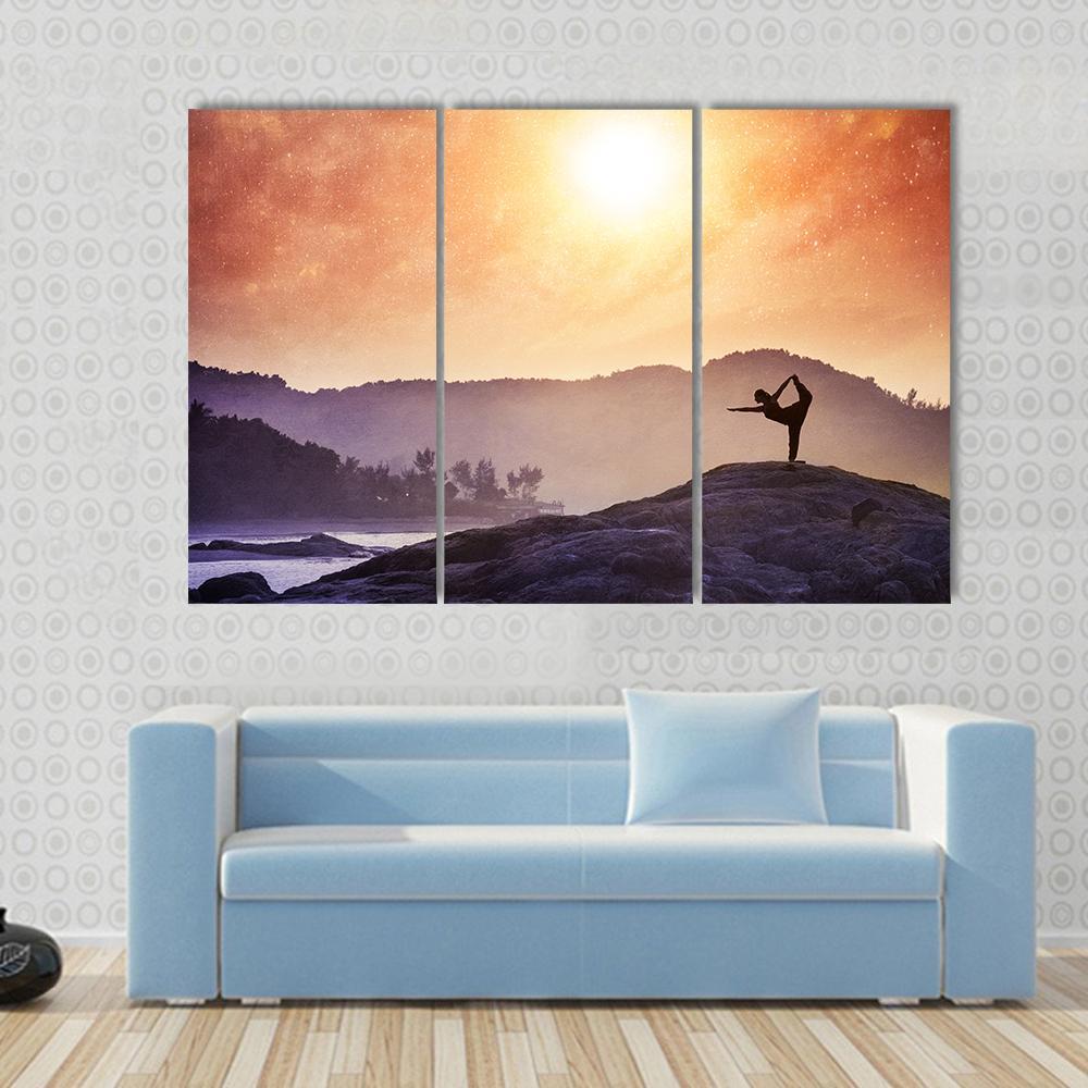 Woman Doing Yoga Natarajasana Dancer Pose On The Rocks At Sunset Canvas Wall Art-3 Horizontal-Gallery Wrap-37" x 24"-Tiaracle