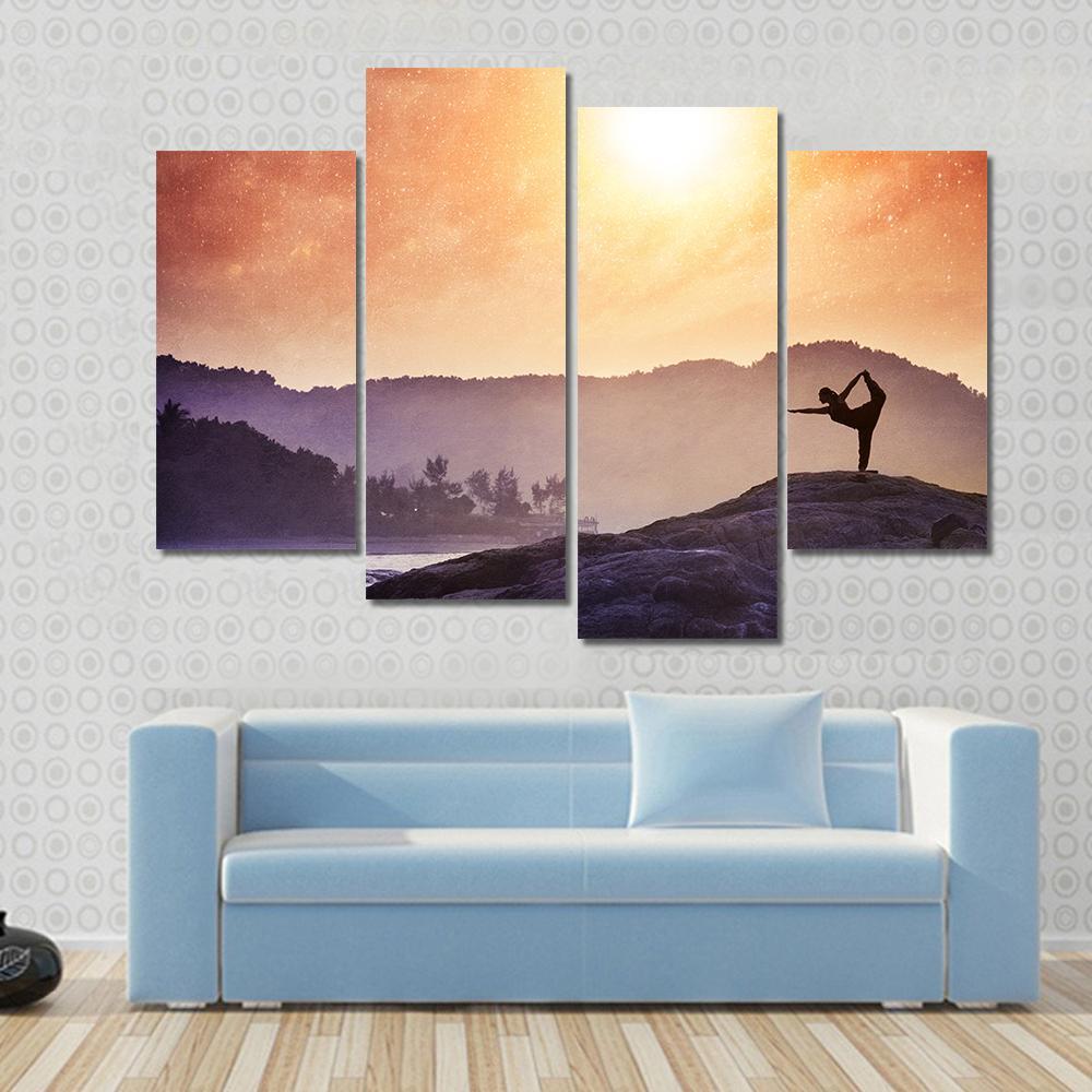 Woman Doing Yoga Natarajasana Dancer Pose On The Rocks At Sunset Canvas Wall Art-4 Pop-Gallery Wrap-50" x 32"-Tiaracle