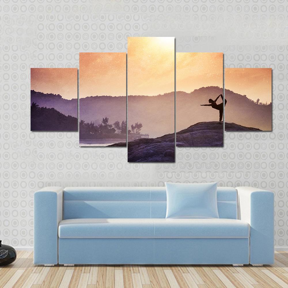 Woman Doing Yoga Natarajasana Dancer Pose On The Rocks At Sunset Canvas Wall Art-5 Star-Gallery Wrap-62" x 32"-Tiaracle