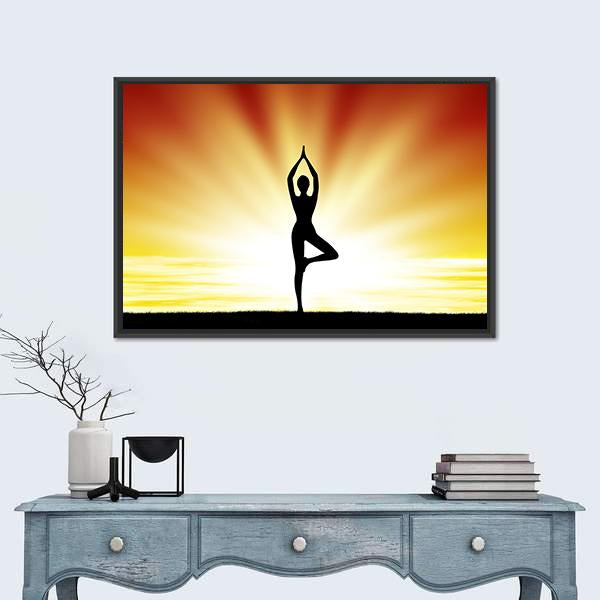 Woman Practice Yoga At Beach During Sunset Canvas Wall Art-1 Piece-Floating Frame-24" x 16"-Tiaracle