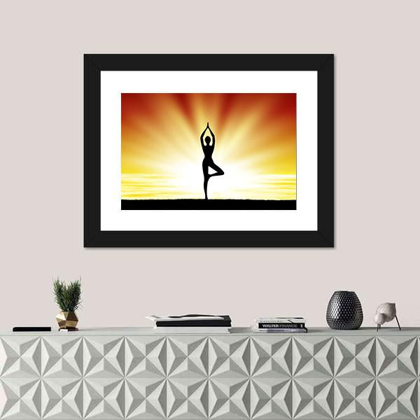 Woman Practice Yoga At Beach During Sunset Canvas Wall Art-1 Piece-Framed Print-20" x 16"-Tiaracle