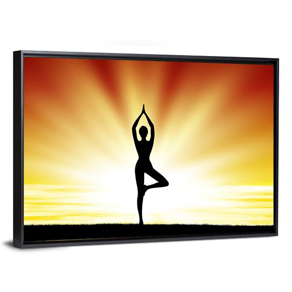 Woman Practice Yoga At Beach During Sunset Canvas Wall Art-3 Horizontal-Gallery Wrap-25" x 16"-Tiaracle